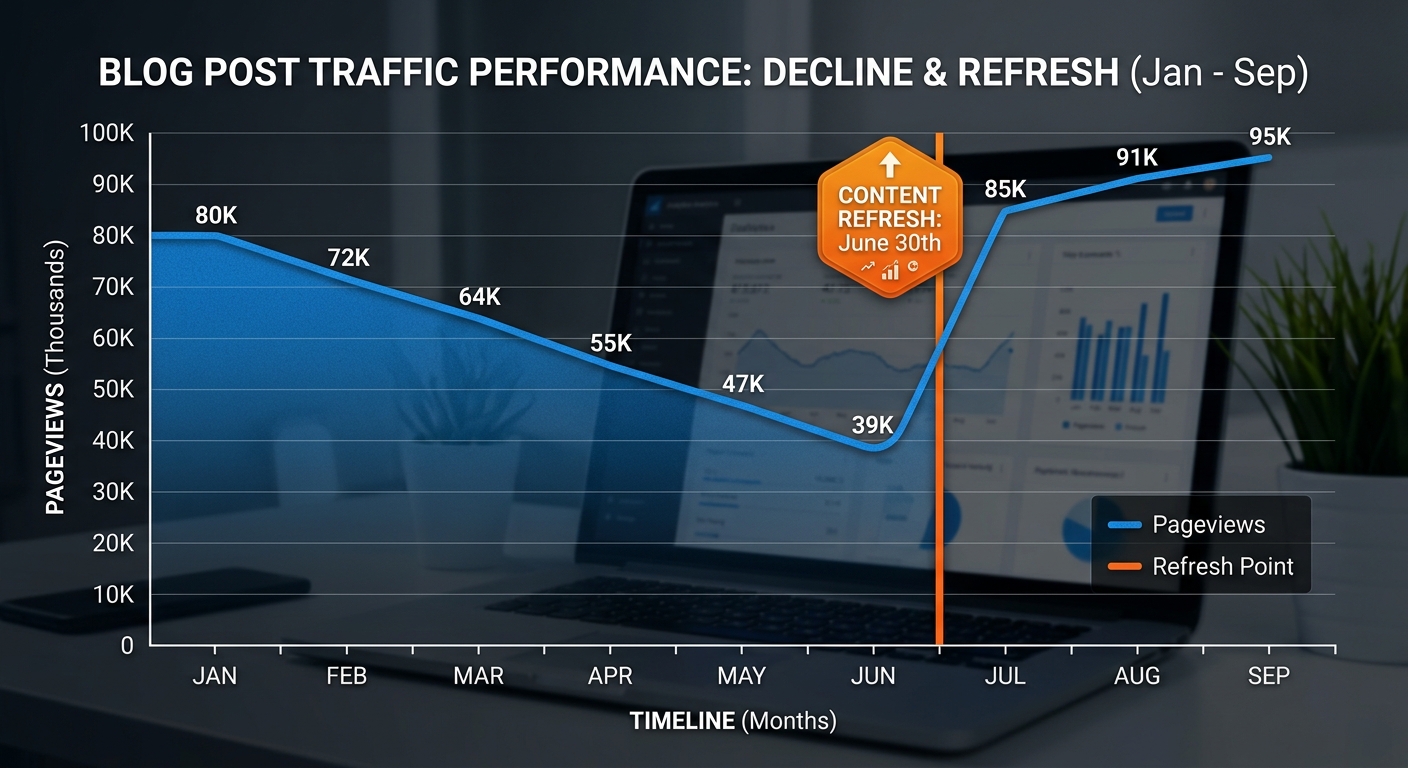 A line graph showing a post's traffic declining over time, with a sharp upward 'refresh' point marked by an orange badge.