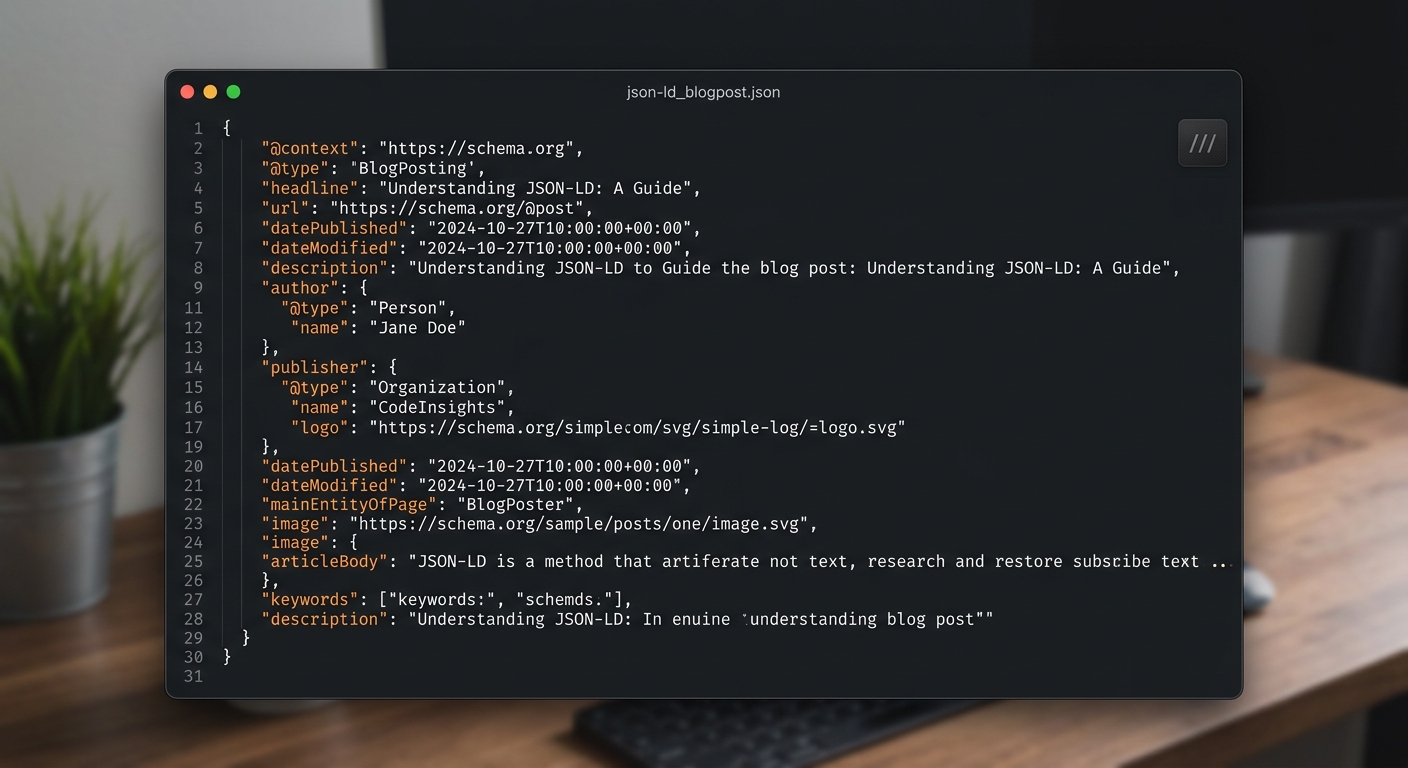 A clean code window displaying JSON-LD schema for a blog post with orange syntax highlighting.