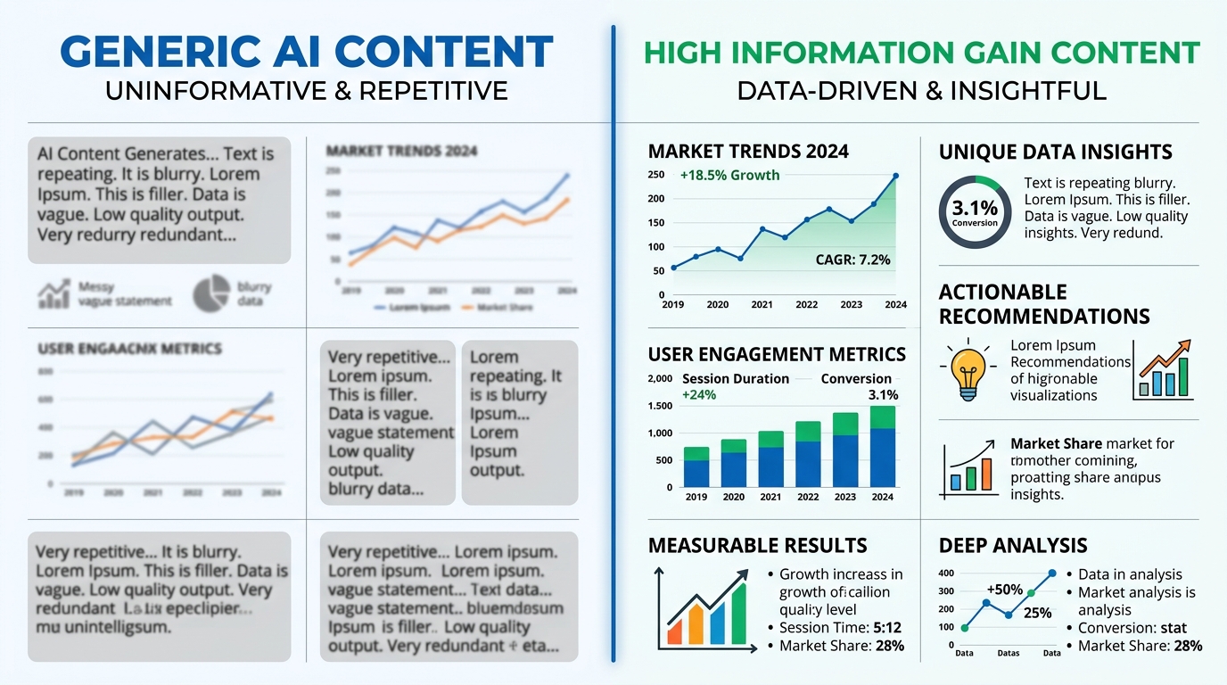 A split-screen graphic comparing Generic AI Content vs High Information Gain Content with data-driven charts.