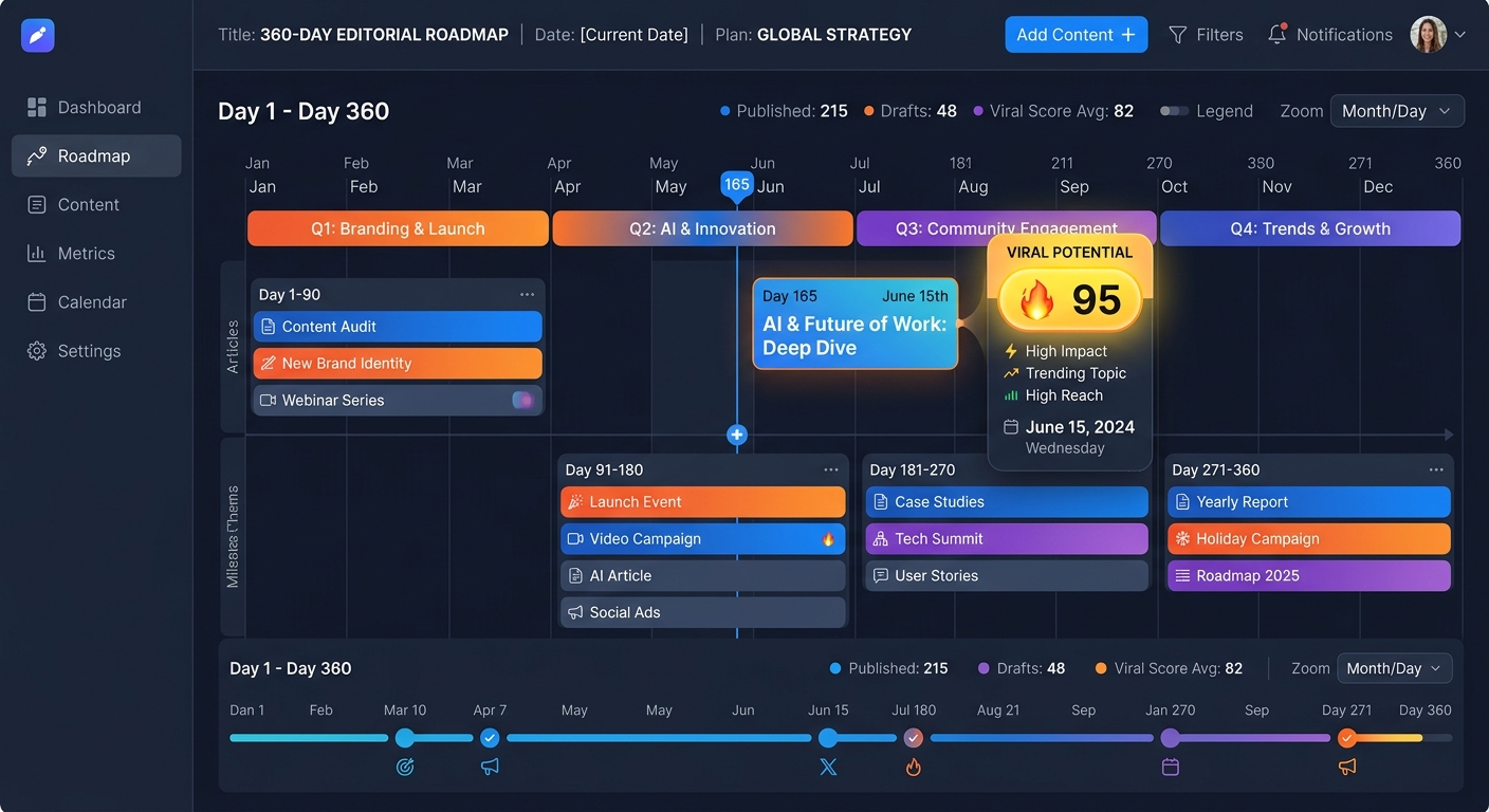 A screenshot-style illustration of a dashboard showing a 360-day editorial roadmap with a Viral Potential score badge.