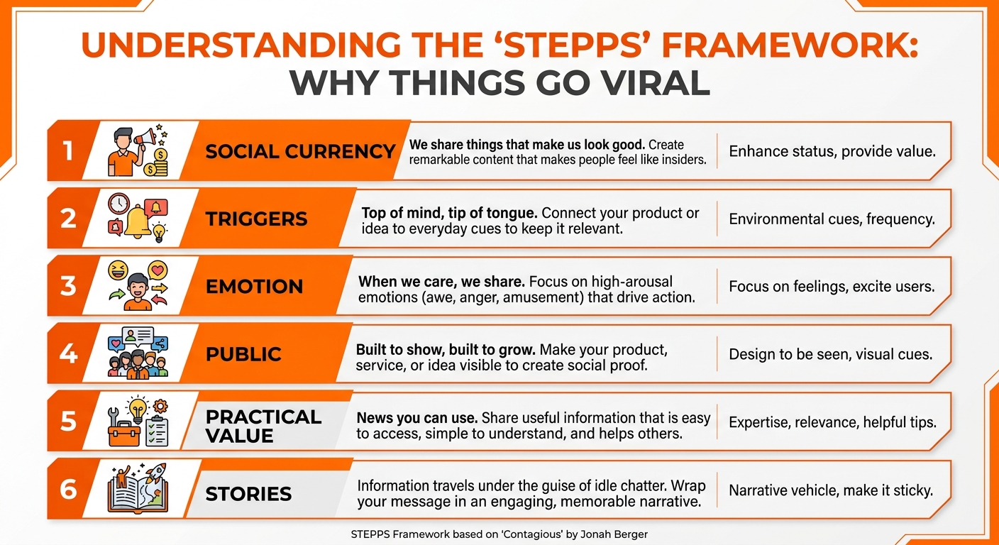 A clean, sharp-edged infographic showing the STEPPS framework using a high-contrast orange and white color palette.