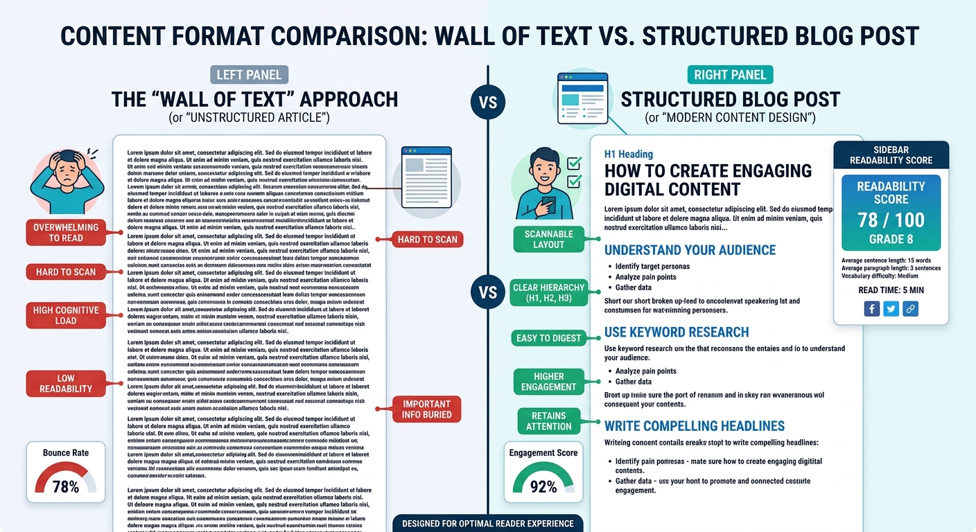 A split-screen comparison showing a 'wall of text' vs. a structured blog post with clear H2s, bullet points, and a readability score.