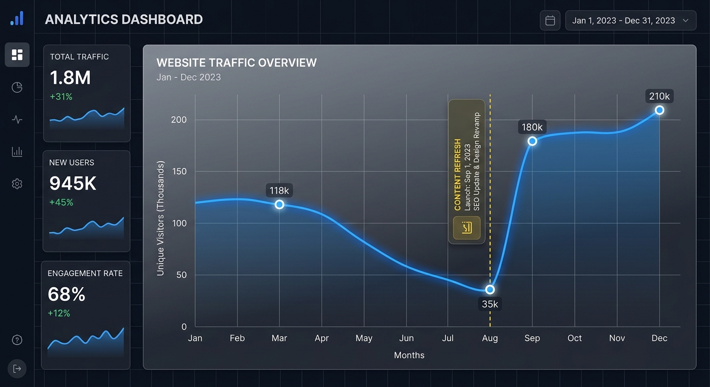 A data-driven line graph showing a traffic dip followed by a sharp recovery after a 'Content Refresh' event, styled with grid lines.