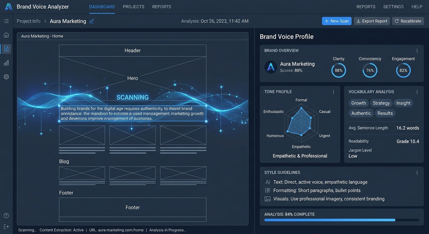 A technical UI visualization of a 'Brand Voice Analyzer' scanning an existing website to extract tone, vocabulary, and style guidelines.