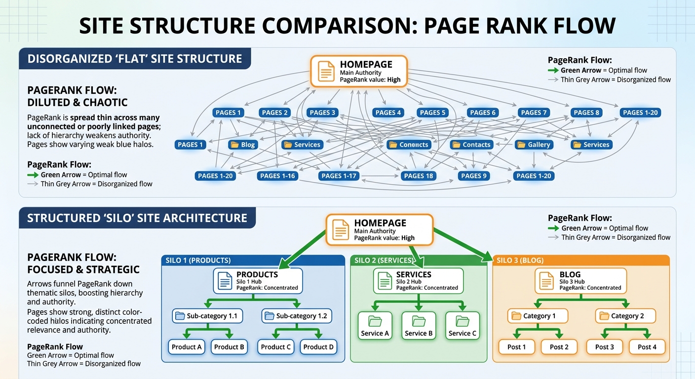 A comparison graphic showing a disorganized 'flat' site structure versus a structured 'silo' architecture with clear directional arrows indicating PageRank flow.
