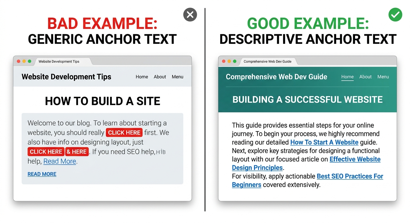A split-screen visual showing a 'Bad' example of generic links versus a 'Good' example of descriptive, keyword-rich anchor text.