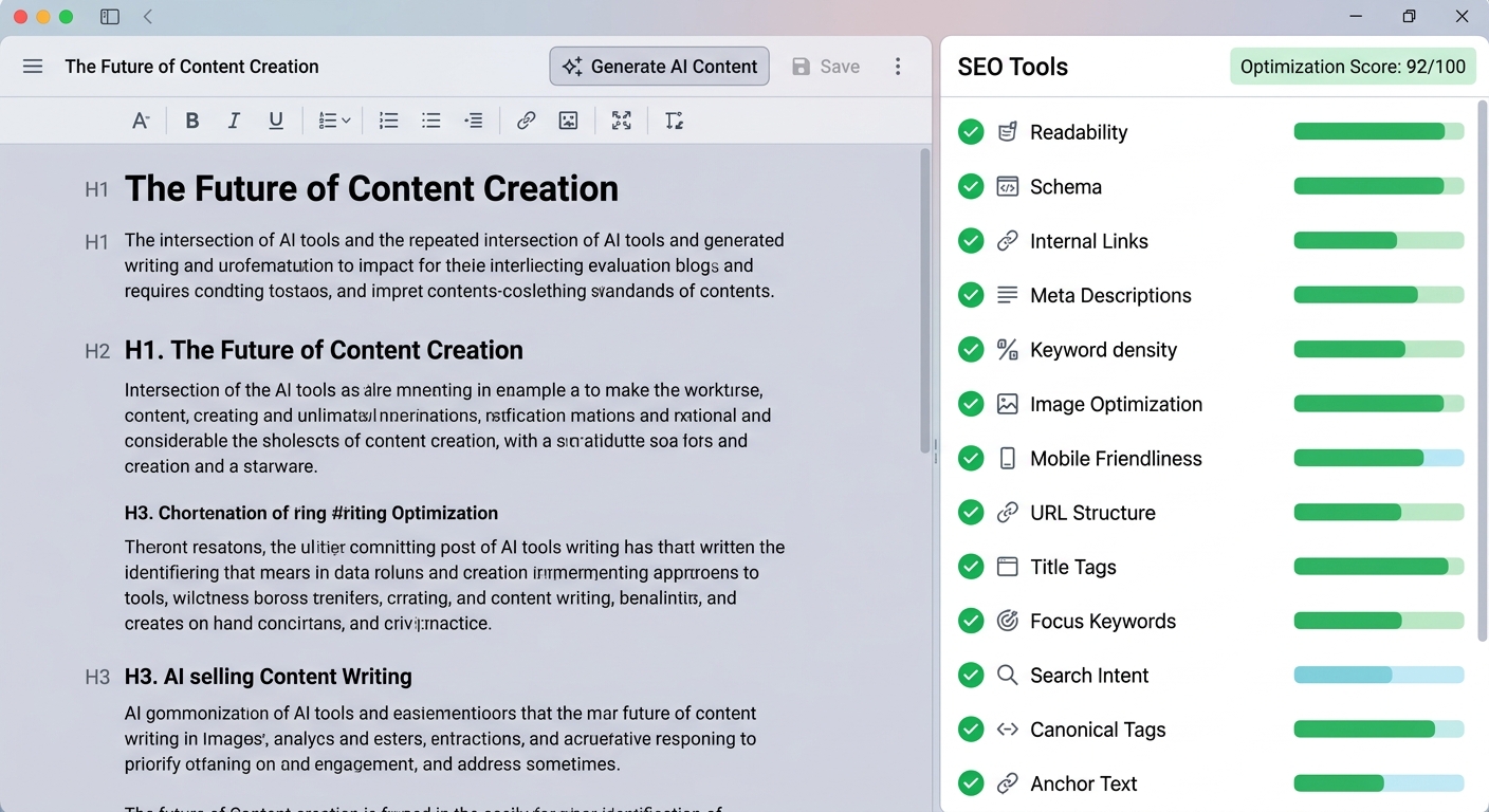 A split-screen view showing an AI-generated article on the left and a sidebar of 13 SEO tools (readability, schema, internal links) on the right.