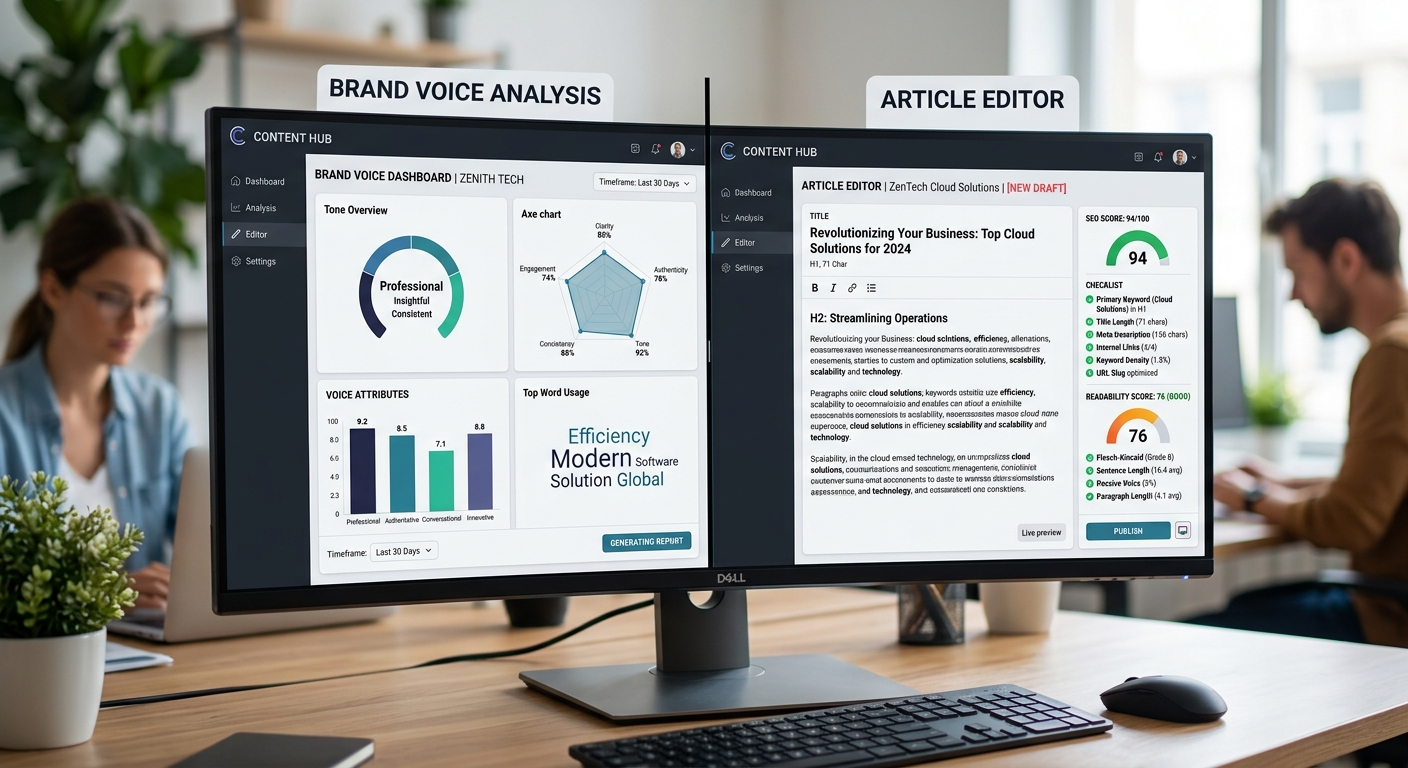 A split screen showing a brand voice analysis on one side and a generated SEO-optimized article on the other with readability scores.