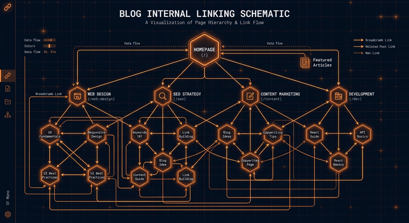 A technical diagram of a blog's internal link structure with nodes and lines on a dark grid background with orange highlights.