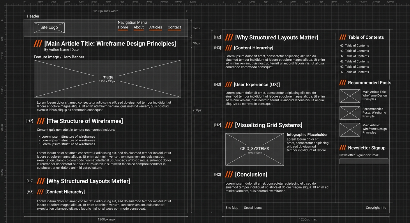 A structured wireframe of a blog post layout on a dark grid background with orange /// badge prefixes highlighting H2 and H3 tags.