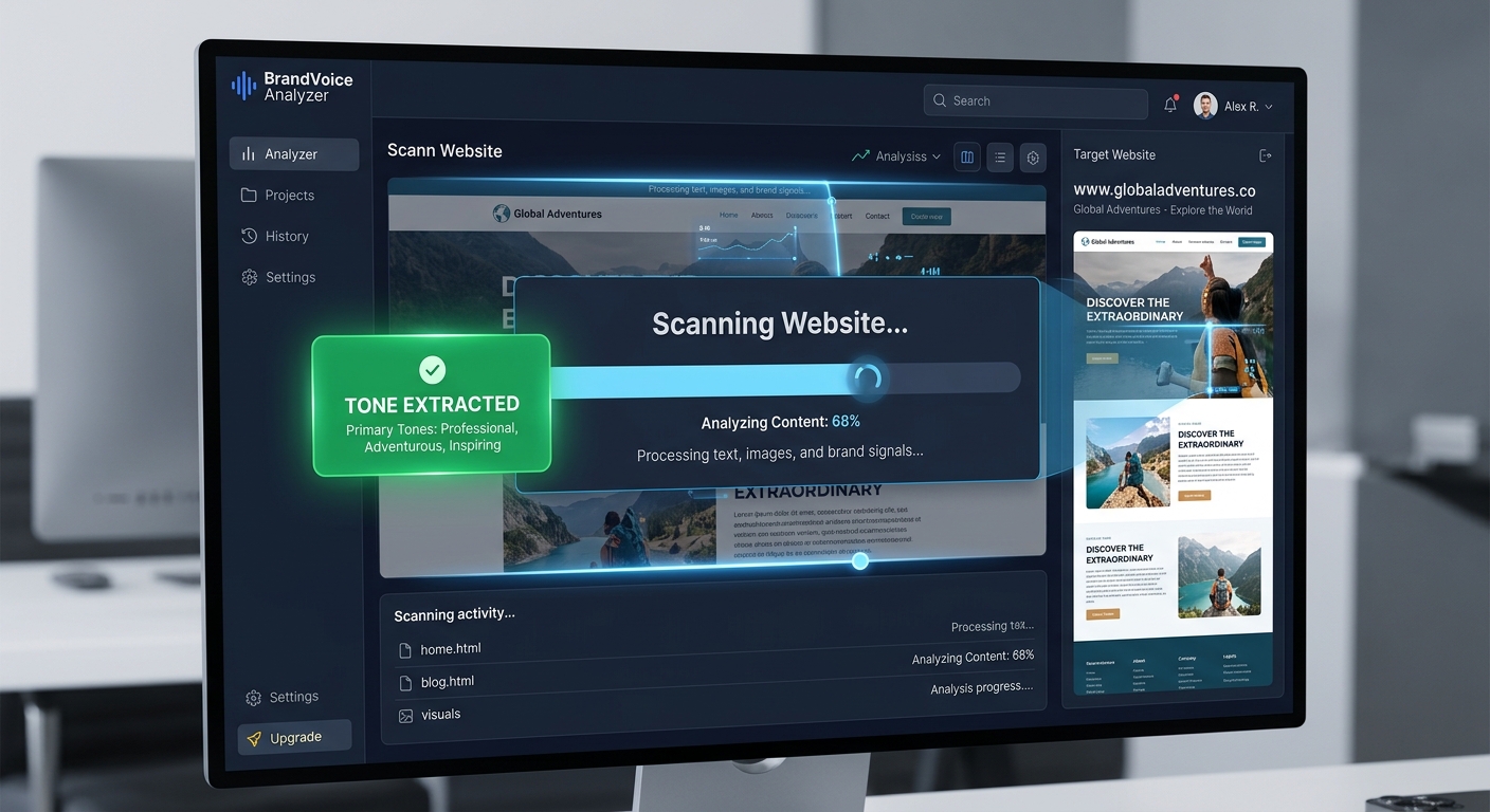 A digital interface showing a 'Brand Voice Analyzer' scanning a website, with a progress bar and a 'Tone Extracted' confirmation badge.