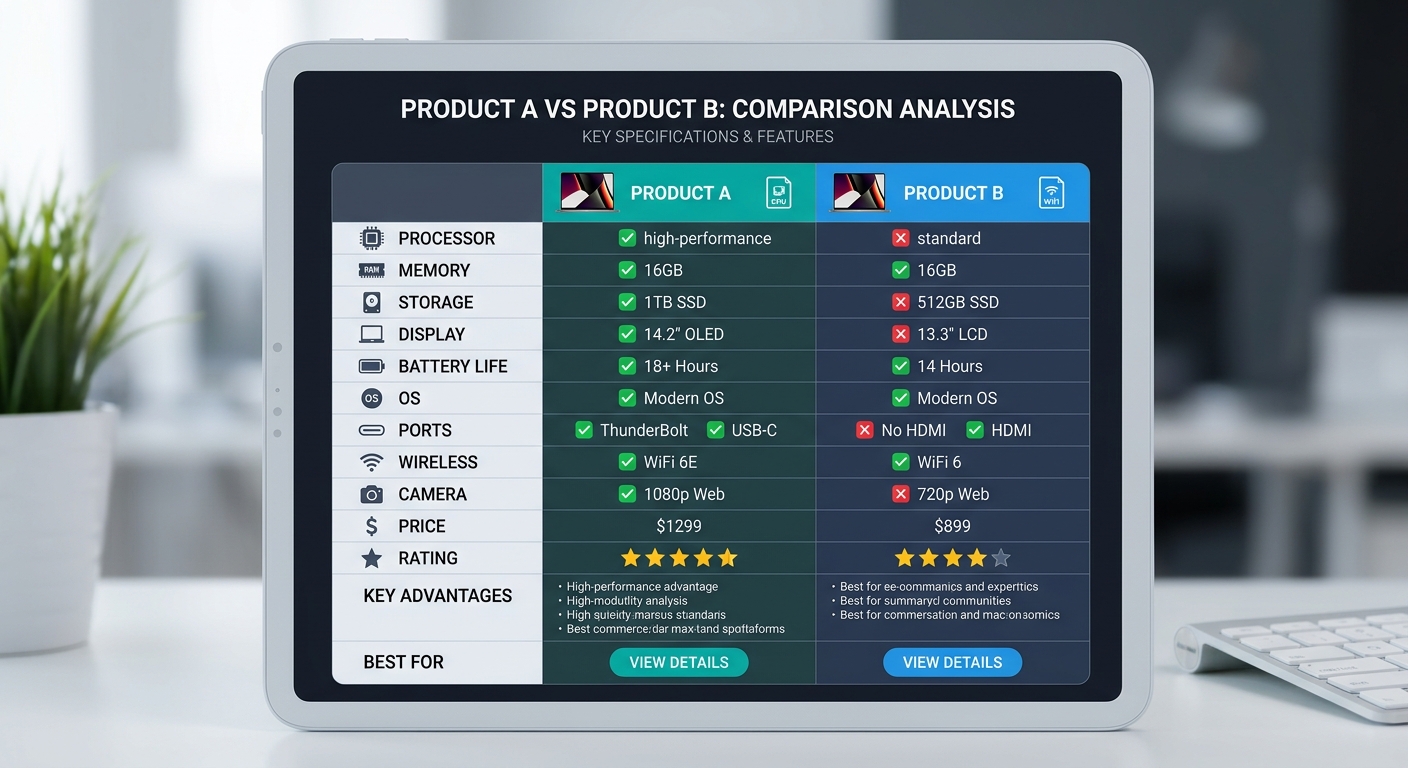 Side-by-side comparison table layout on a digital screen illustrating Product A vs Product B analysis.