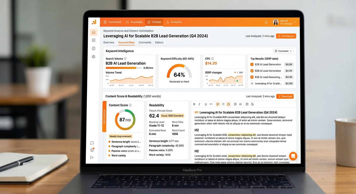 Close-up of an SEO dashboard tool showing keyword analysis and readability scores.