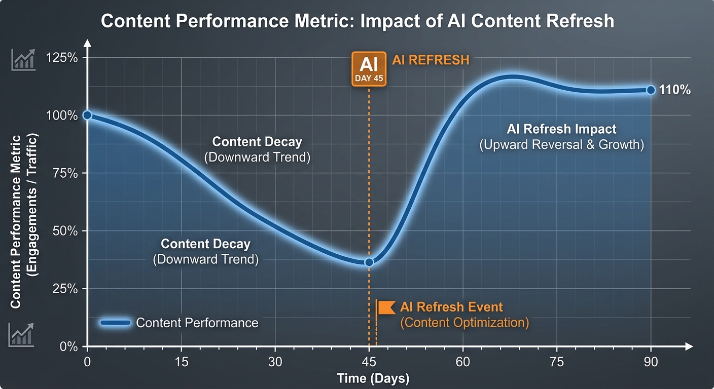 A line graph showing a 'Content Decay' curve being reversed by an 'AI Refresh' event, using a technical, data-driven aesthetic.