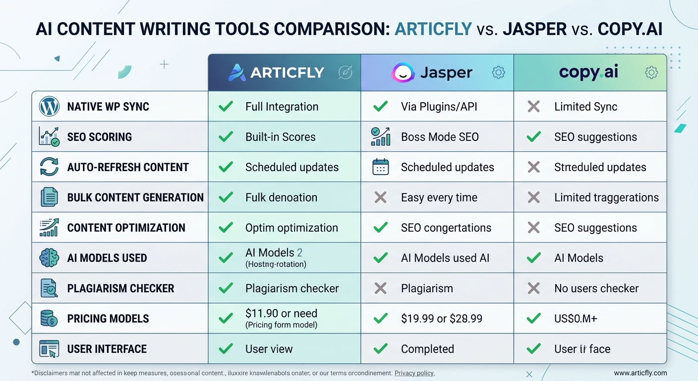 A clean, sharp-edged comparison table comparing Articfly, Jasper, and Copy.ai across categories like 'Native WP Sync', 'SEO Scoring', and 'Auto-Refresh'.