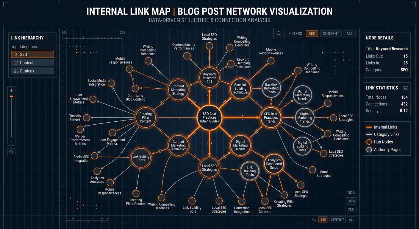 A visualization of an internal link map showing nodes connecting different blog posts, styled with technical grid lines and orange highlights.