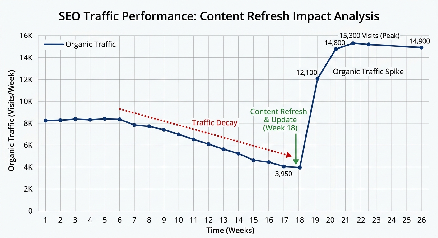 A technical line chart showing a post's traffic dipping over time (decay) and then spiking back up after being processed through the Articfly Article Refresher tool.