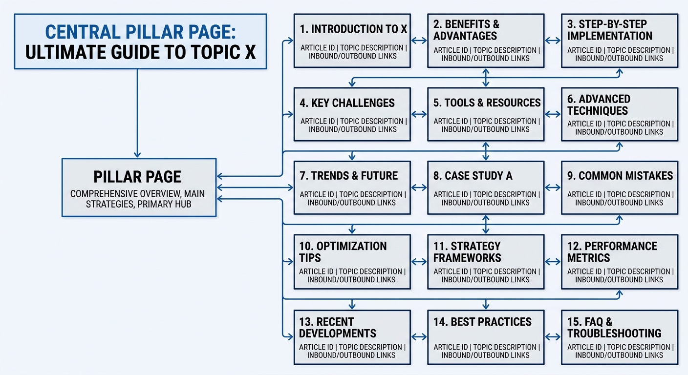 A diagram showing a central pillar page connected to 15 supporting articles via a grid-based internal linking map, styled with Articfly's signature zero-border-radius design.