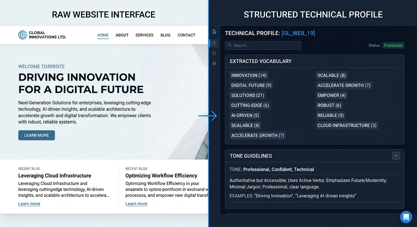 A split-screen visualization showing a raw website on the left and Articfly's Brand Voice Analyzer extracting vocabulary and tone guidelines into a structured technical profile on the right.