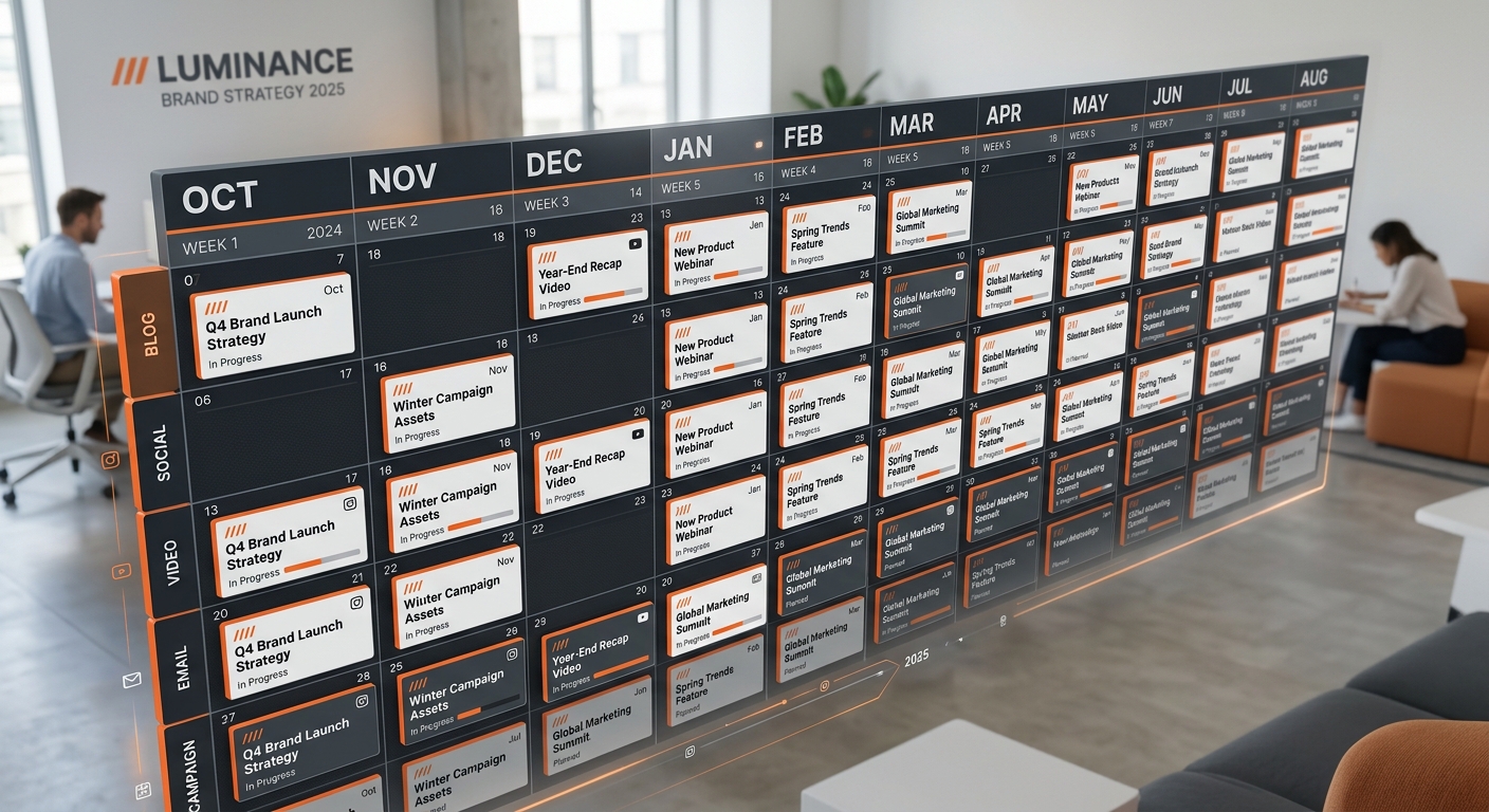 A perspective view of a 3D editorial calendar grid where each content card has sharp edges and '///' badge prefixes, representing a long-term, consistent brand strategy.