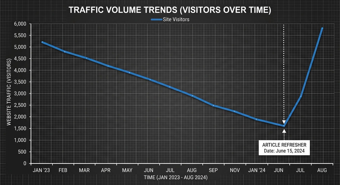 A line graph showing a post's traffic declining over time, then spiking upward after an 'Article Refresher' update, styled with a technical grid background.
