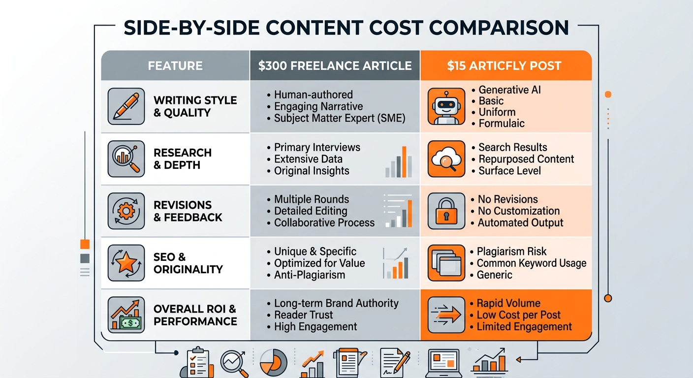 A side-by-side comparison chart showing the cost of a $300 freelance article versus a $15 Articfly post, using sharp corners and orange accents.