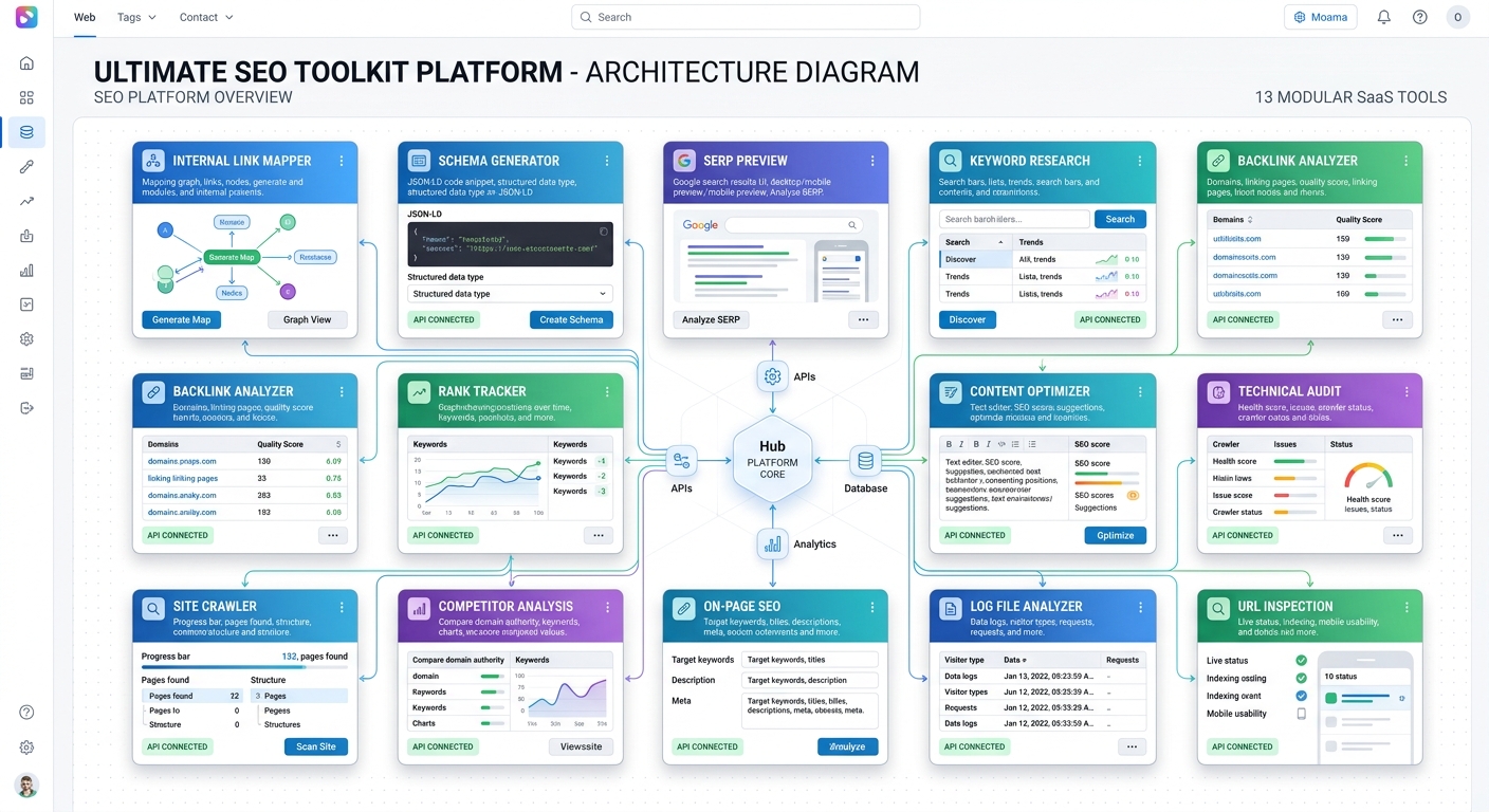 A technical diagram showing the 13 SEO tools including internal link mapping, schema generation, and SERP previews as modular cards.