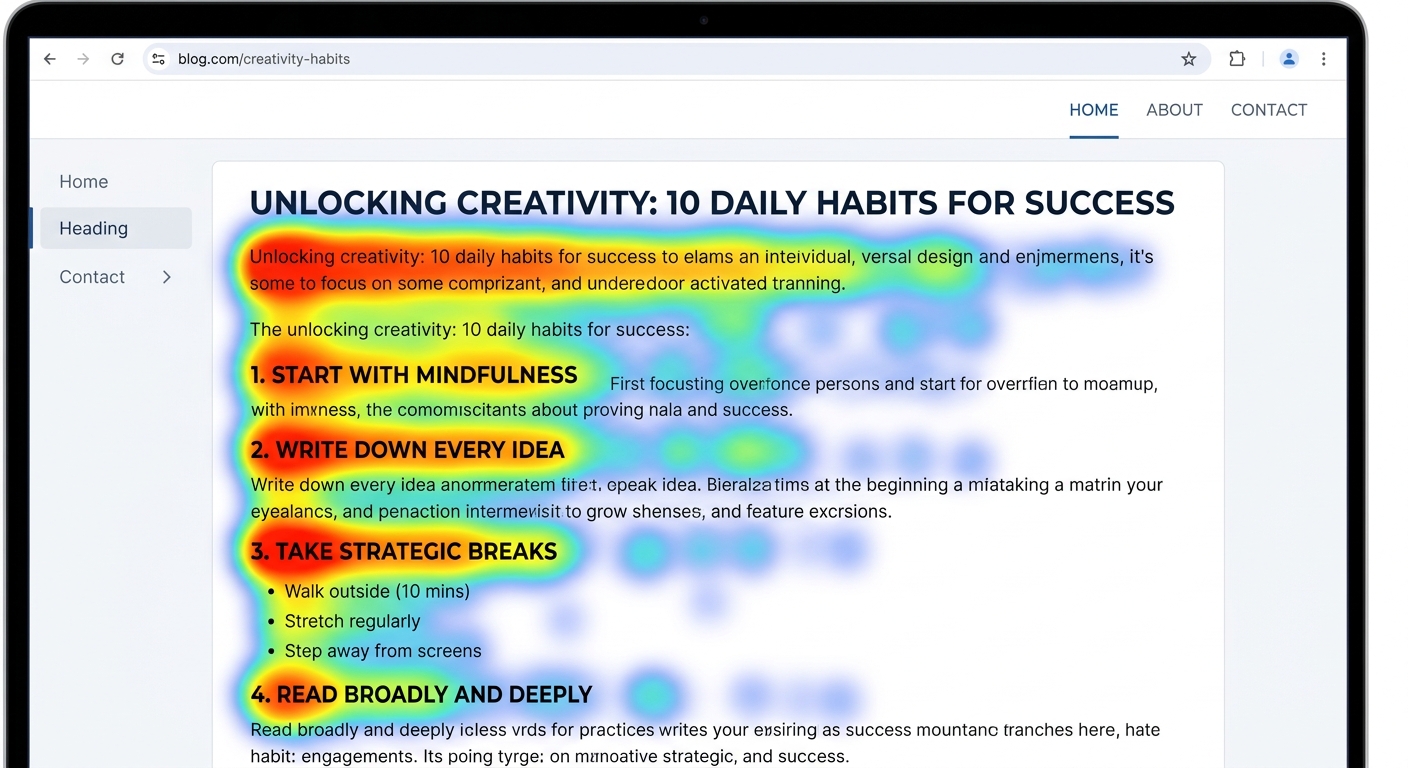 A heatmap visualization showing how a reader's eyes move across a blog post in an F-shape, highlighting the importance of subheadings and bullet points.