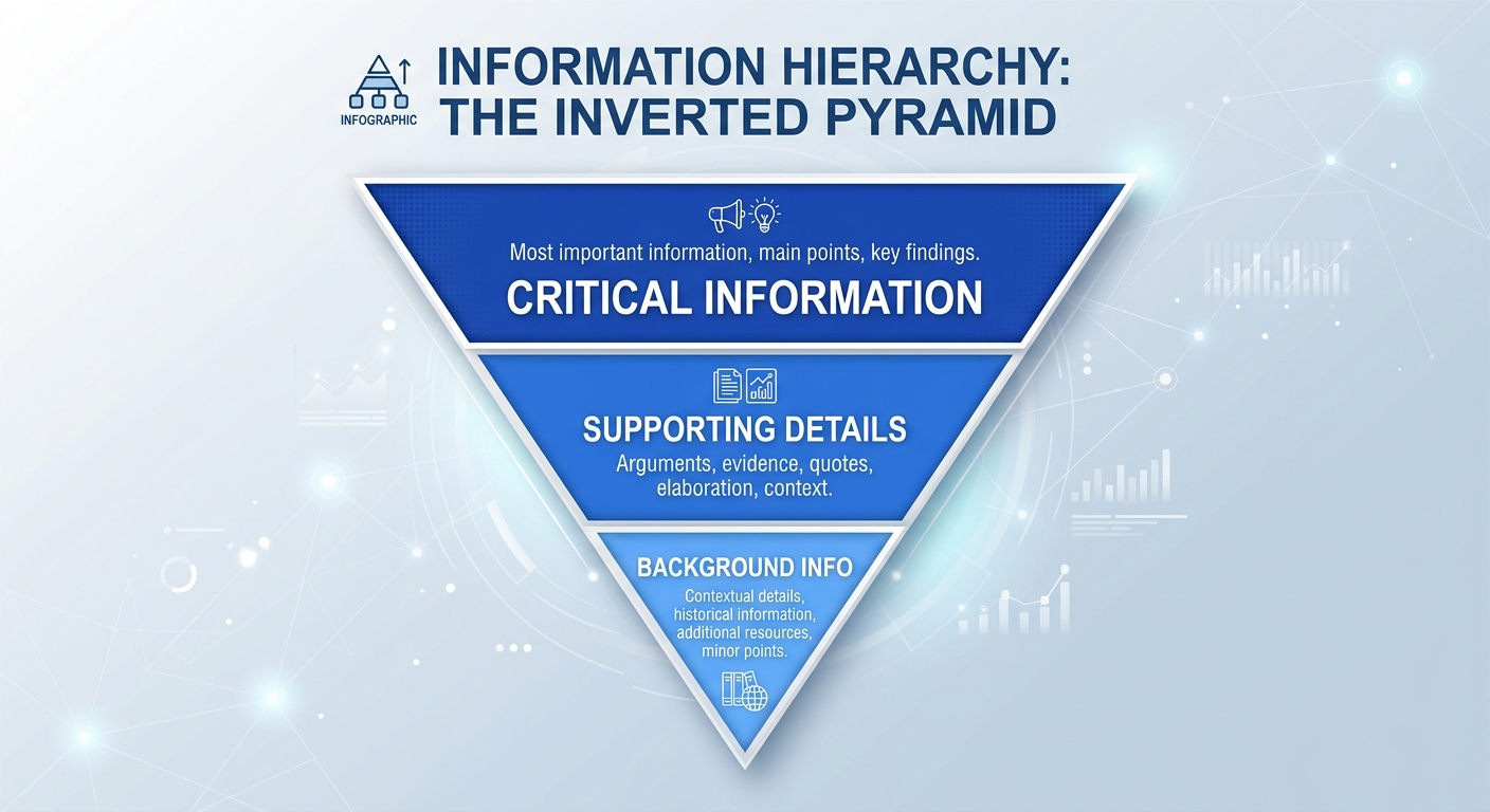 A diagram of an inverted pyramid illustrating how to place the most important information at the top of a blog post to satisfy AI answer engines and human readers.