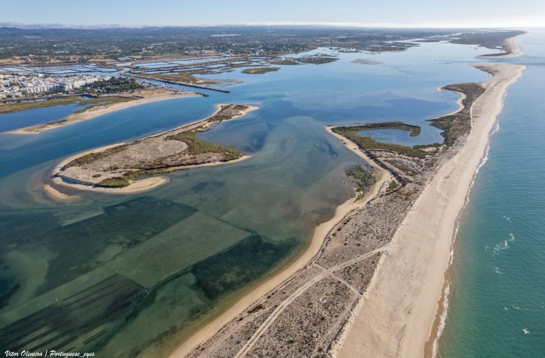 Aerial view of the Ria Formosa lagoon and barrier island near Fuseta