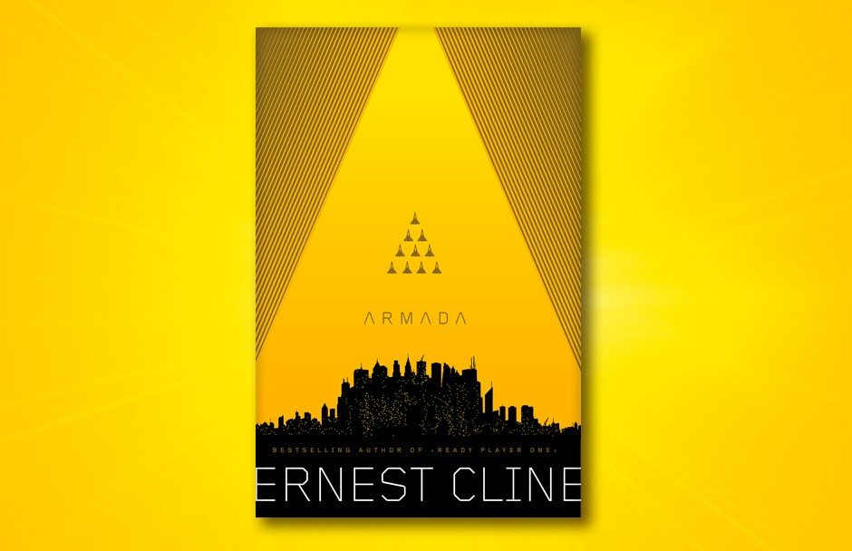 A bright yellow book cover with a cityscape at the bottom. The cityscape form the bottom edges of a giant A, with a set of small spaceships forming the A's cutout