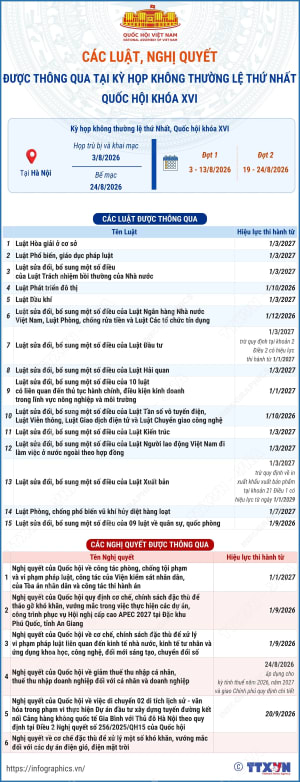 Các luật, nghị quyết được thông qua tại kỳ họp không thường lệ thứ Nhất, Quốc hội khóa XVI
