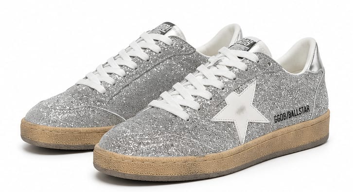 Golden Goose Ball Star Silver Glitter Brown Golden Goose ფეხსაცმელი Ketebi.ge