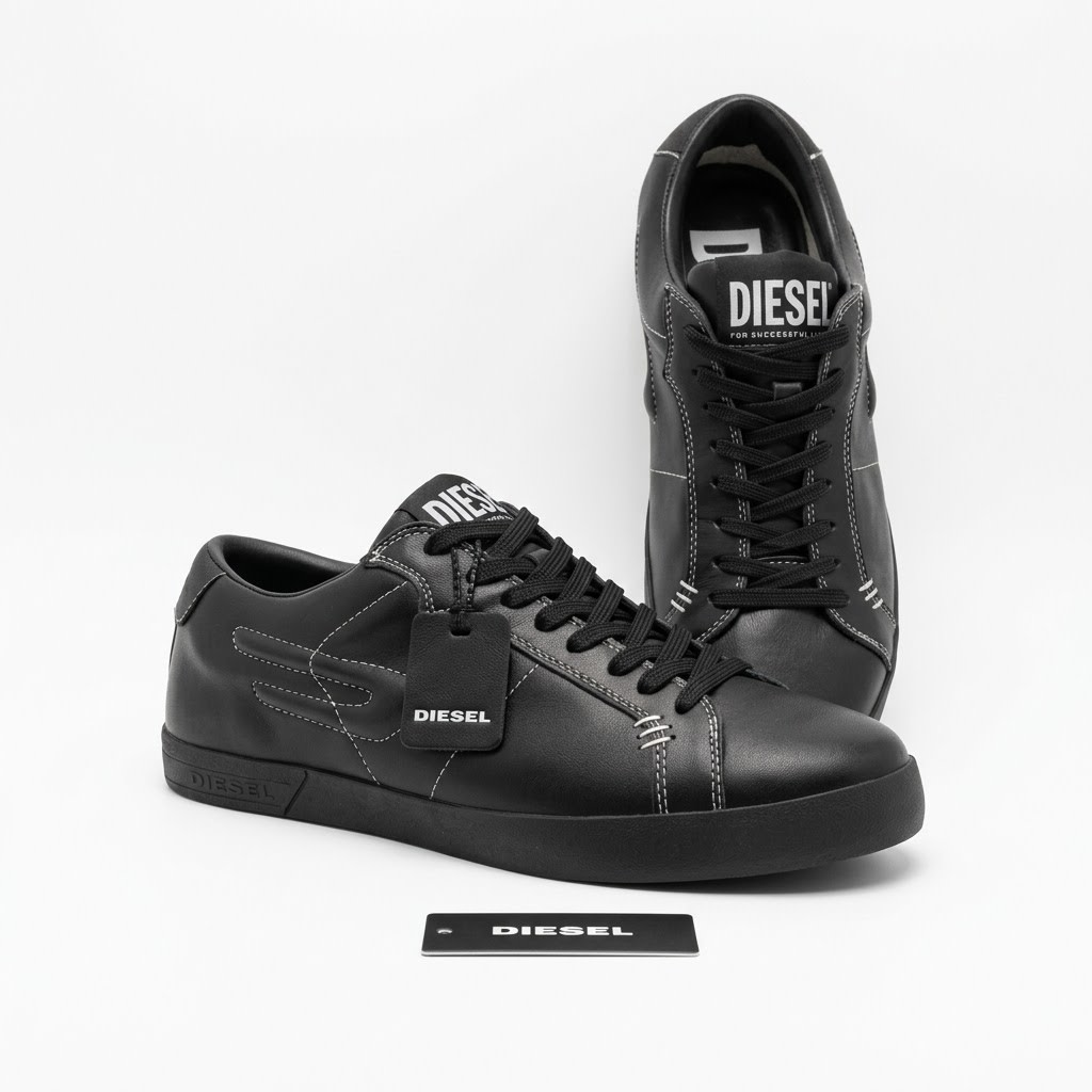 Diesel Low-Top Leather Sneakers – Triple Black Diesel ფეხსაცმელი Ketebi.ge