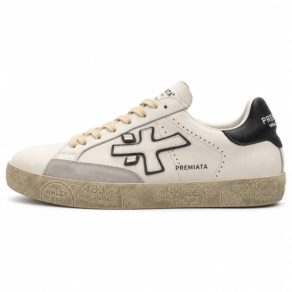 Premiata White Edition ბეჟი სნიკერი შავი ქუსლის დეტალით და გვერდითი ლოგოთი