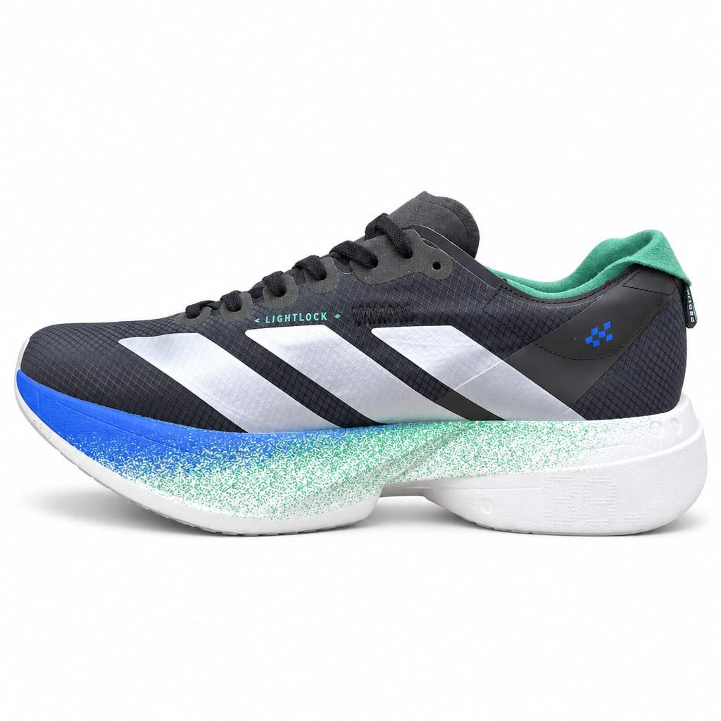 Adidas Adizero Adios Pro 4 შავი სარბენი ფეხსაცმელი ვერცხლისფერი ზოლებით და მწვანე დეტალებით