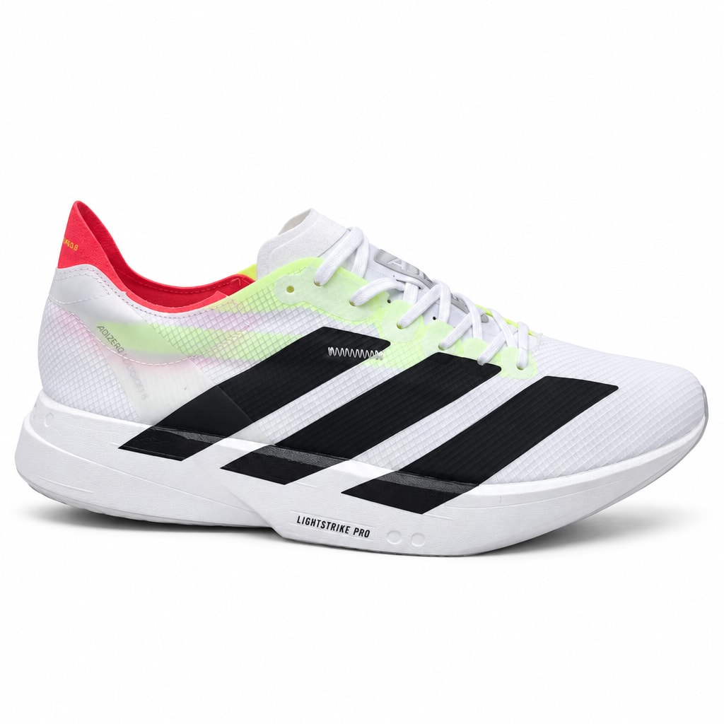 Adidas-ის თეთრი კალათბურთის ფეხსაცმელი შავი ზოლებით და ნეონისფერი დეტალებით