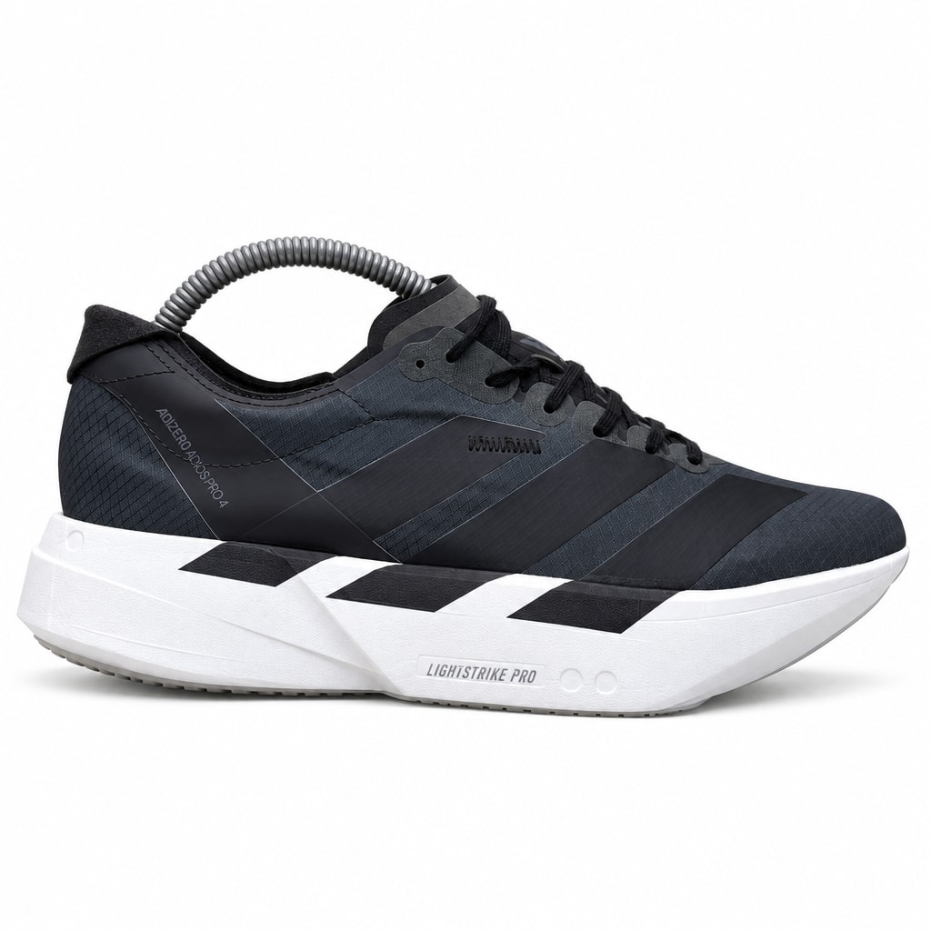 Adidas Adizero Adios Pro 4 შავ-თეთრი სარბენი ფეხსაცმელი, გვერდითი ხედი