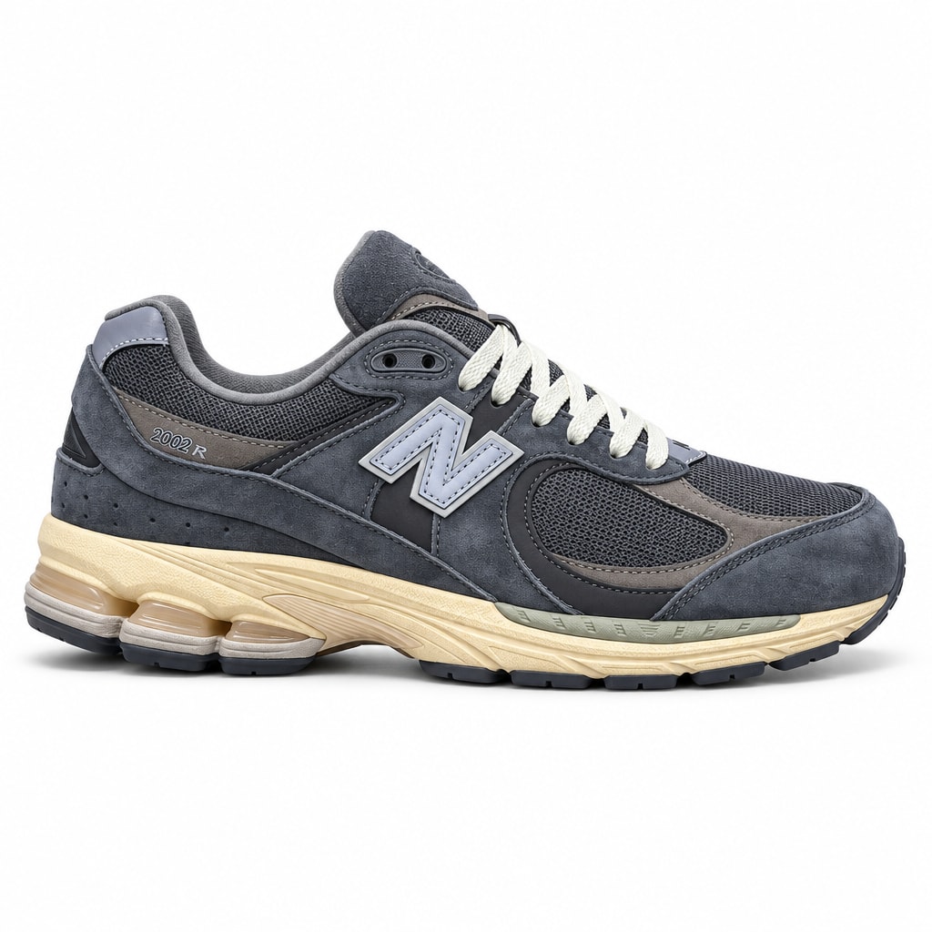 New Balance 2002R ნაცრისფერი სპორტული სნიკერი გვერდითი N ლოგოთი და თეთრი თასმებით