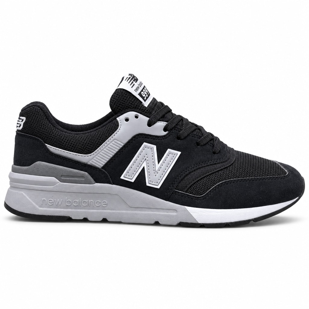 New Balance 997 შავი და ნაცრისფერი სნიკერი გვერდითი ხედით