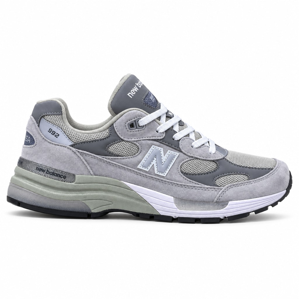 New Balance 992 ნაცრისფერი სნიკერი თეთრი თასმებით და გვერდზე N ლოგოთი