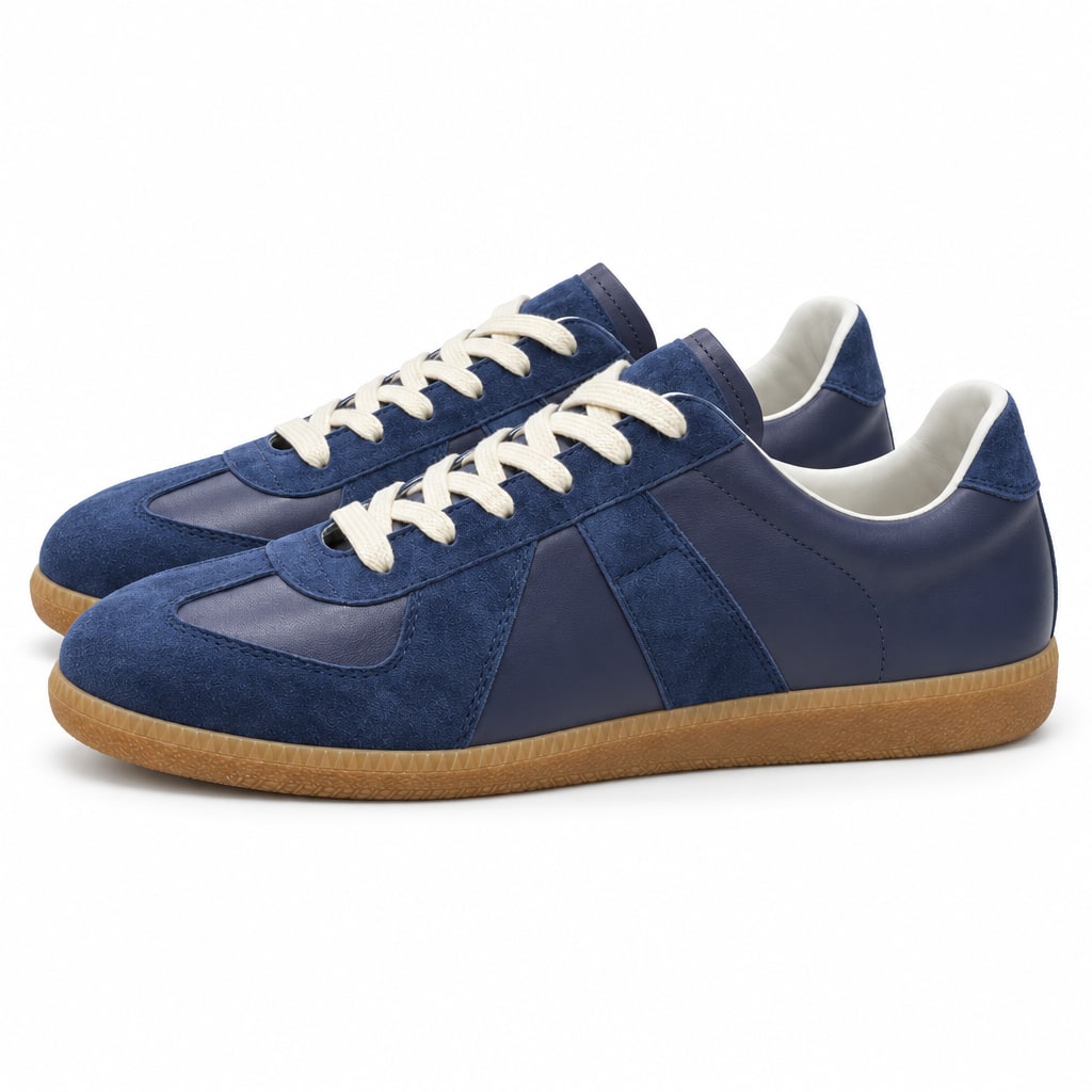 Maison Margiela Replica მუქი ლურჯი დაბალყელიანი სნიკერი თეთრი თასმებით და რეზინისფერი ძირით