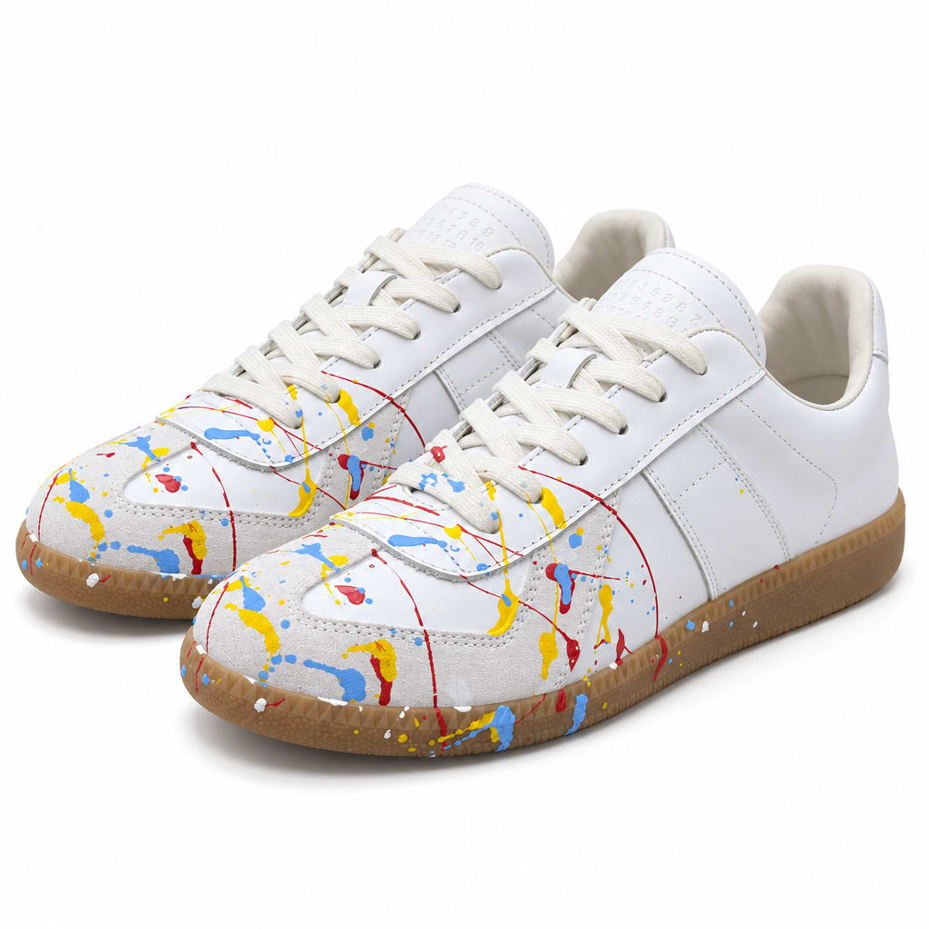 Maison Margiela Replica თეთრი კედები ფერადი საღებავის შხეფების ეფექტით და რეზინისფერი ძირით