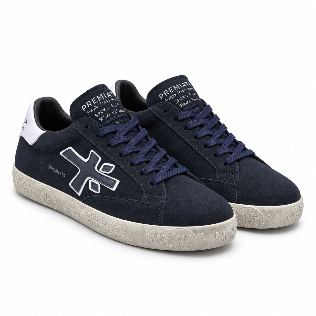 Premiata Steven მუქი ლურჯი სპორტული ფეხსაცმელი თეთრი ლოგოთი და ღია ფერის ძირით