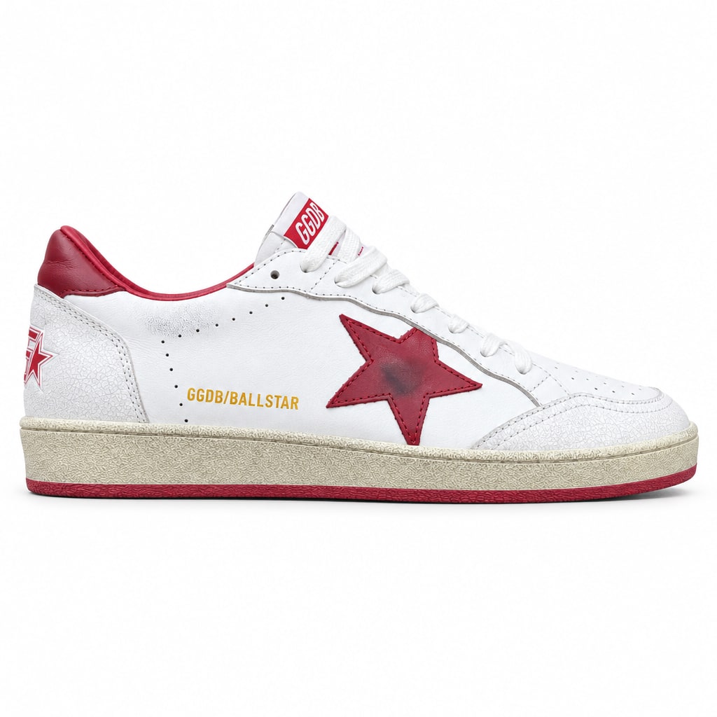Golden Goose Ball Star თეთრი სნიკერი ბორდოსფერი ვარსკვლავით