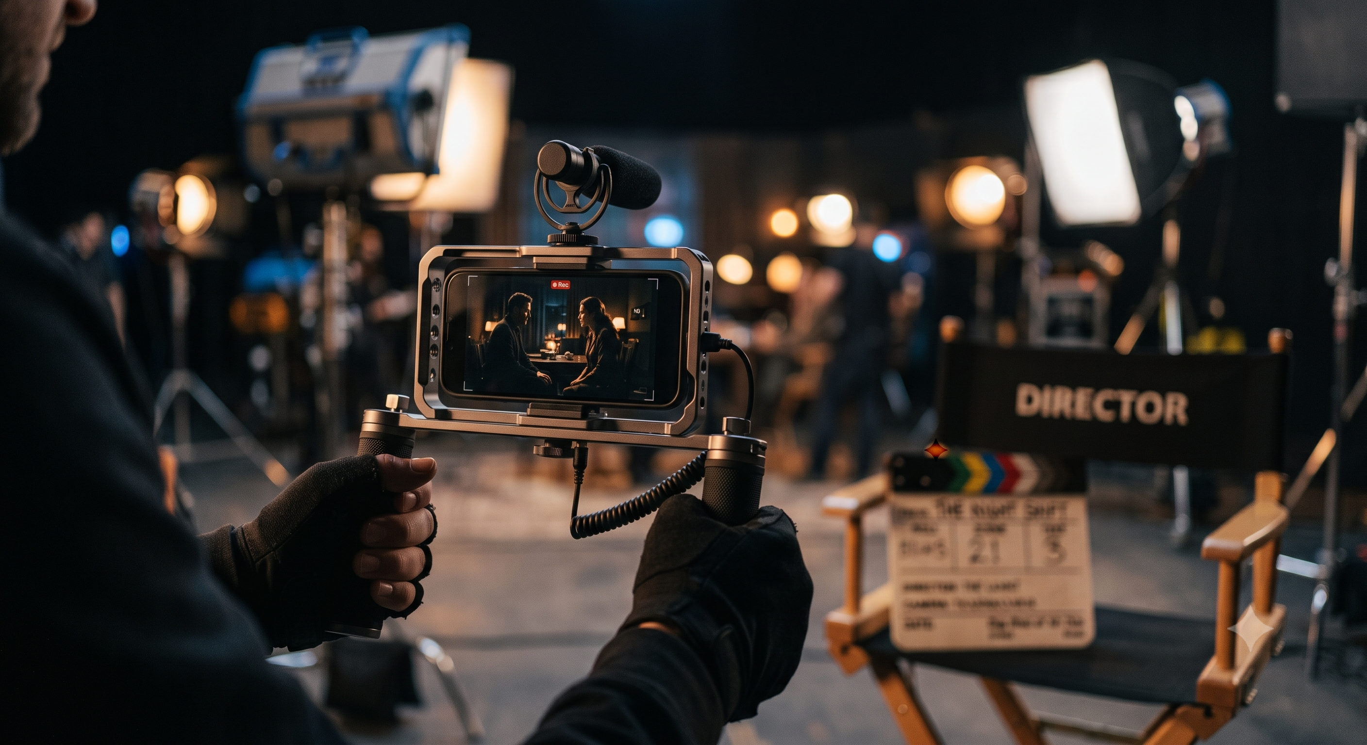 Smartphone dipasang di rig film di lokasi syuting