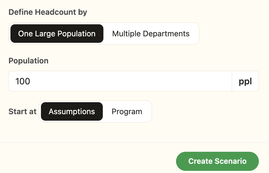 Defining headcount as one large population rather than multiple departments: a single population of 100 people, with the scenario set to start at assumptions.