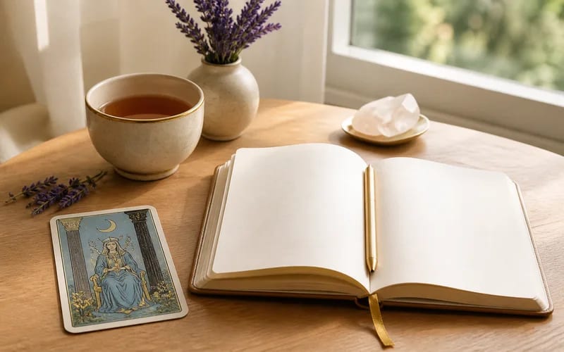 A tarot card beside an open journal and tea in warm morning light