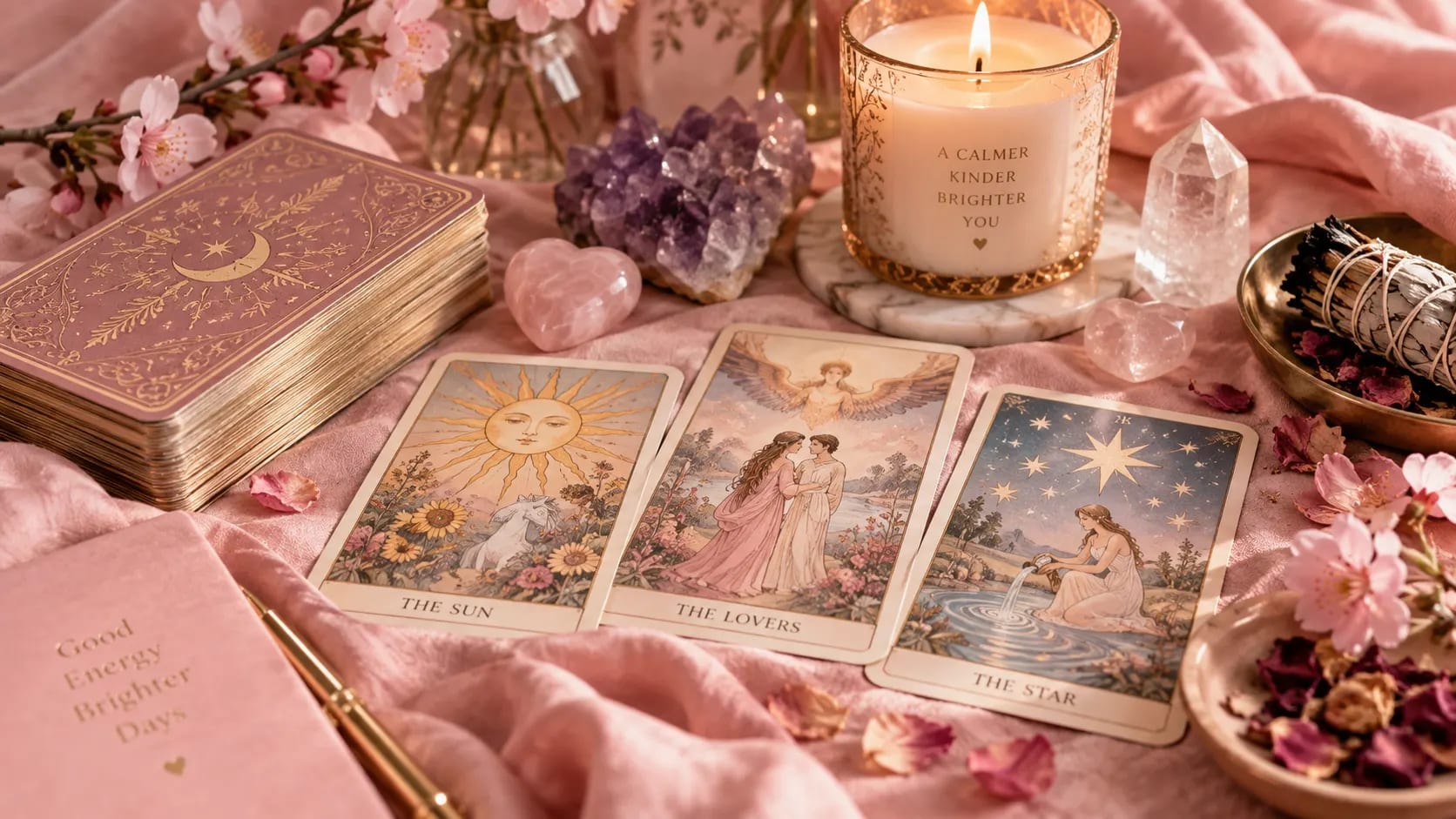 A tarot deck beside handwritten notes for a beginner card reading
