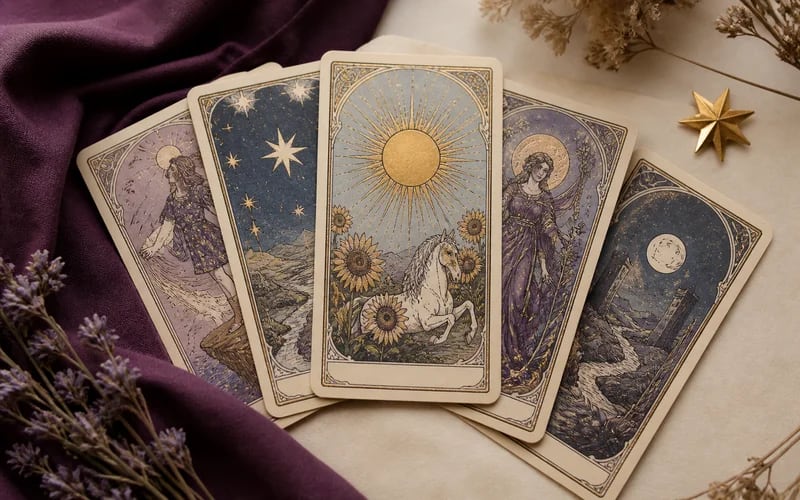 Illustrated tarot cards fanned out on plum cloth
